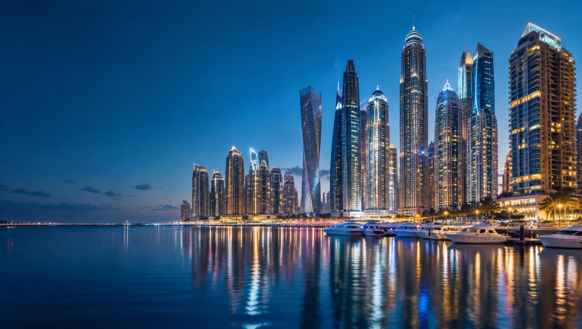 Dubai Marina waterfront and residential skyline at blue hour